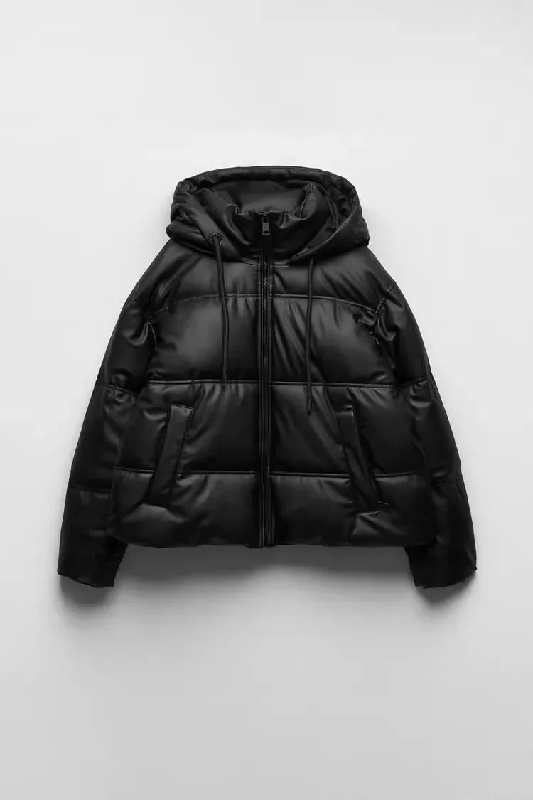 Women's Autumn Winter New Thickened Warm PU Imitation Leather Short Hooded Padded Jacket Top Faux Leather Parka Jacket Coat