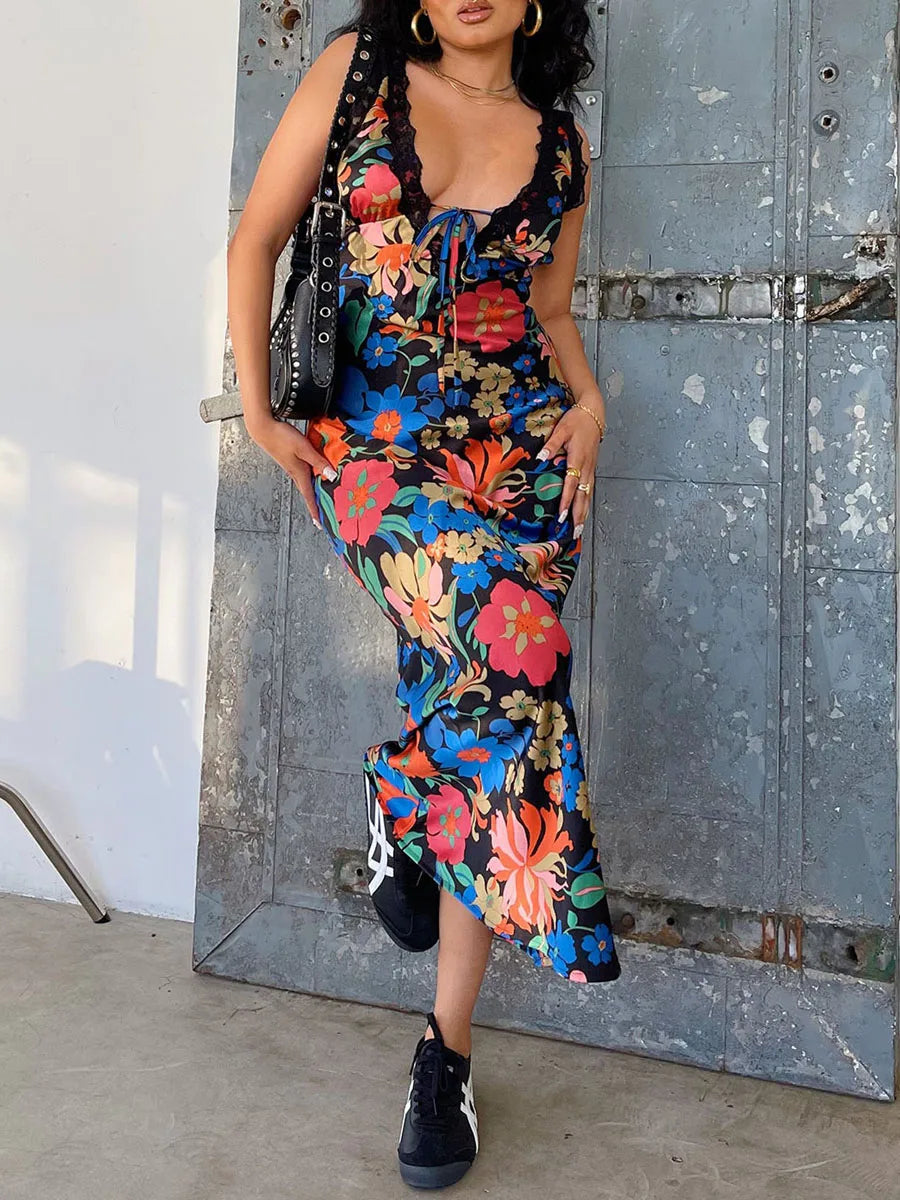 Women Slip Dress Sleeveless V-neck Tie-up Flower Print Long Dress Lace Patchwork Summer Dress for Cocktail Party