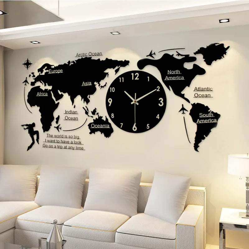 Large 3d Wall Clock Creative World Map Wall Clocks