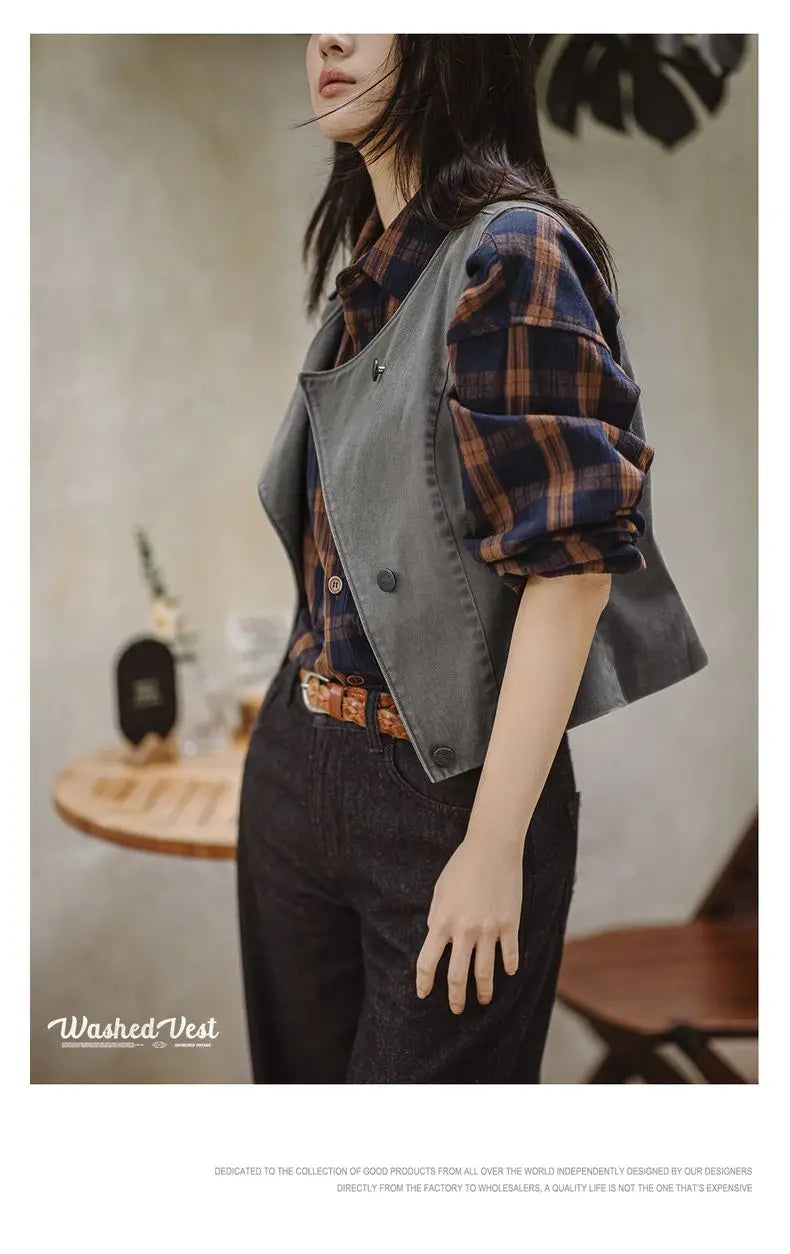 Maden Casual Sleeveless Cardigan Vest Women's Spring and Summer Vintage Single Breasted Layering Waistcoat Versatile Tank Tops