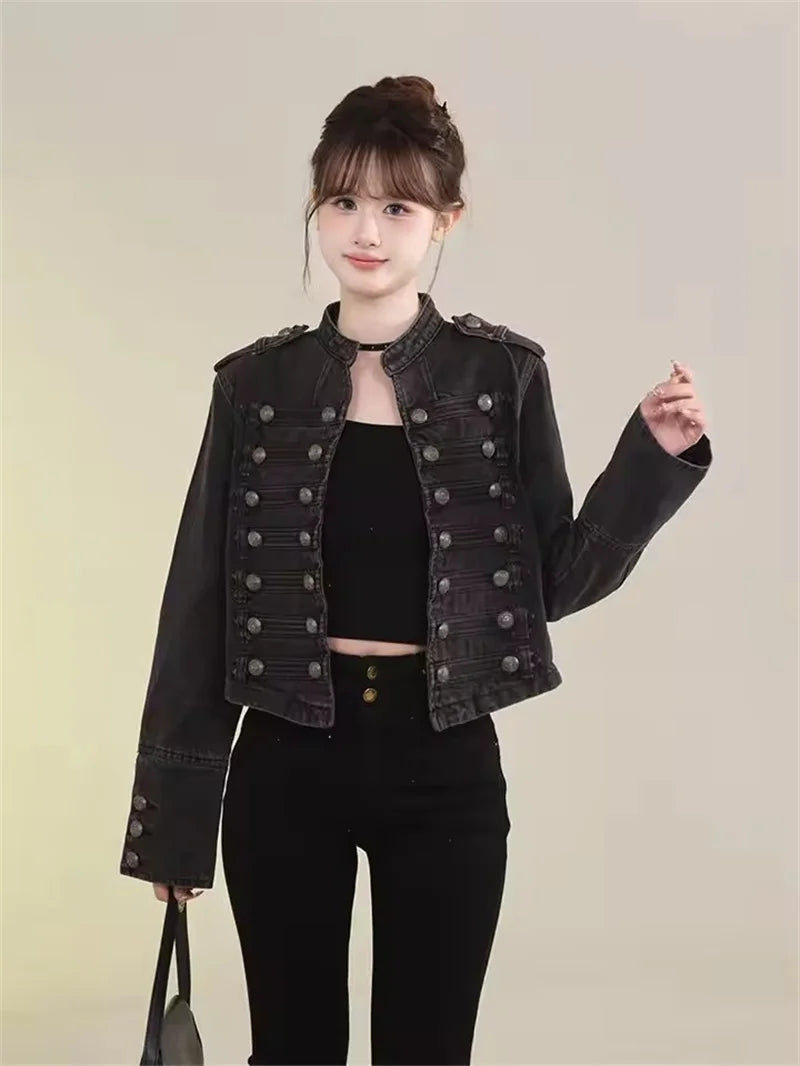 Women's American Retro Denim Military Inspired Cropped Denim Jacket Long Sleeve Stand Collar Jeans Coat Casual Motorcycle Coat
