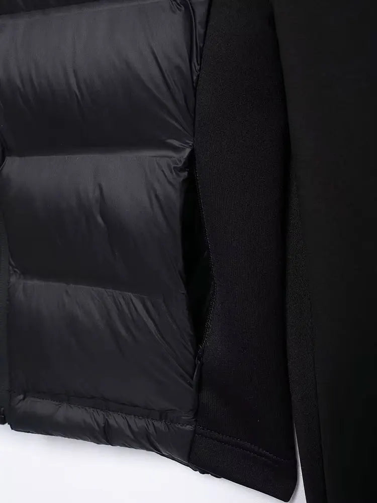 Hooded Patchwork Padded Jacket Coat with Pockets for Women, Long Sleeve, Front Zipper, Female Outerwear, Chic Tops, Fashion