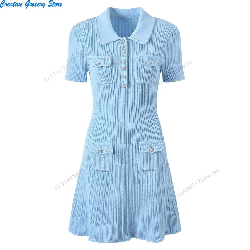 2025 Spring/Summer New Polo Neck Short Sleeve Knitted Dress Y2K Fashion Commuter Elastic Slim Fit Multi Pocket Wrapped Hip Skirt