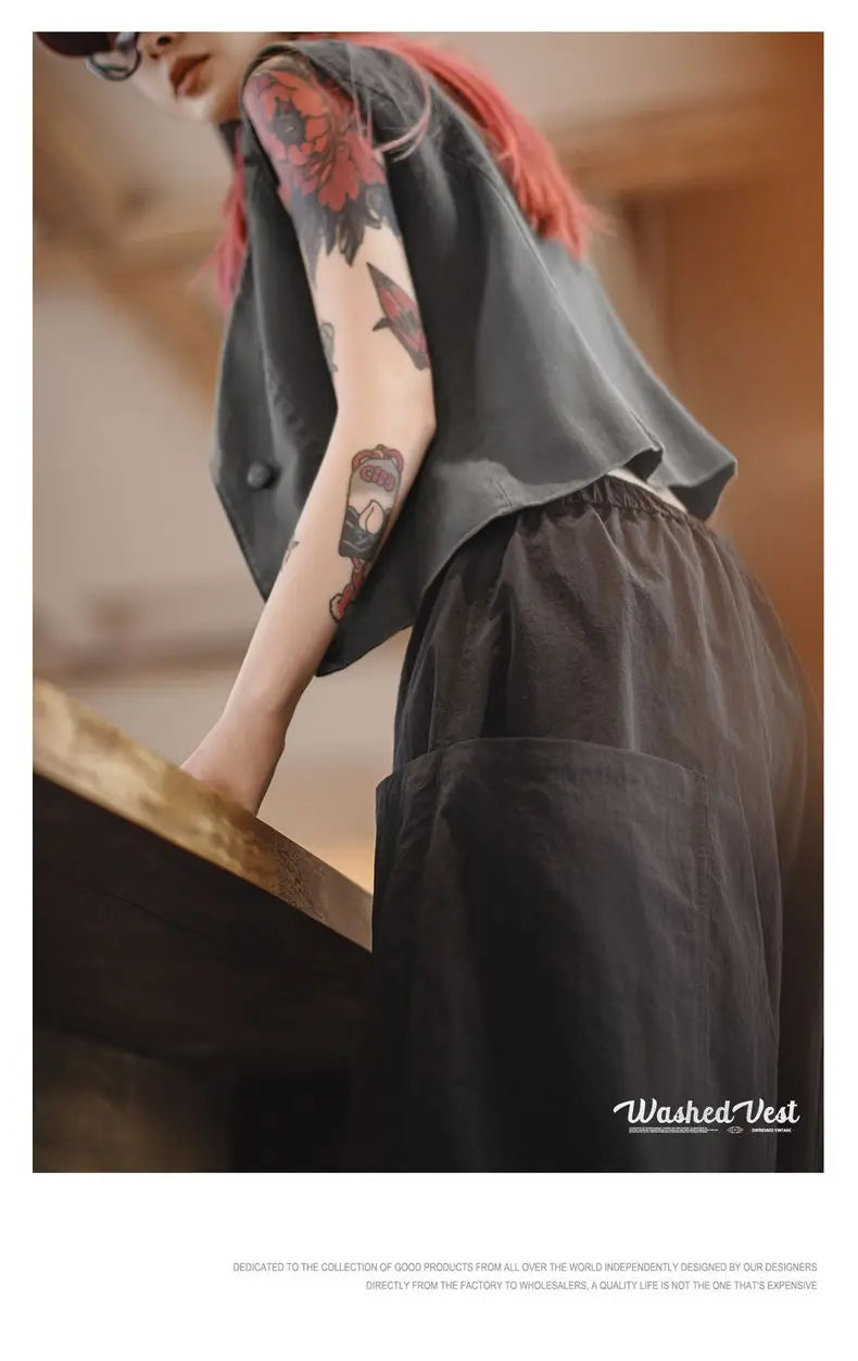 Maden Casual Sleeveless Cardigan Vest Women's Spring and Summer Vintage Single Breasted Layering Waistcoat Versatile Tank Tops