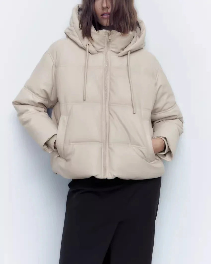 Women's Autumn Winter New Thickened Warm PU Imitation Leather Short Hooded Padded Jacket Top Faux Leather Parka Jacket Coat