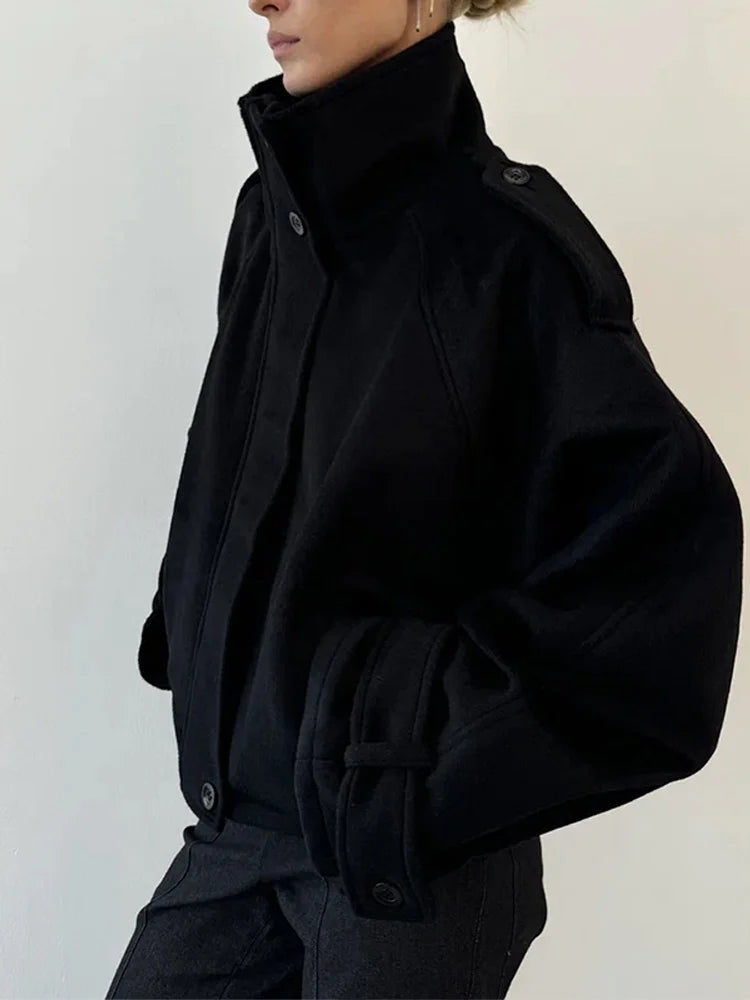 Loose Stand Collar Women's Woolen Coats Long Sleeve Single Breasted Pockets Jacket 2025 Autumn Winter Lady Outerwear Street