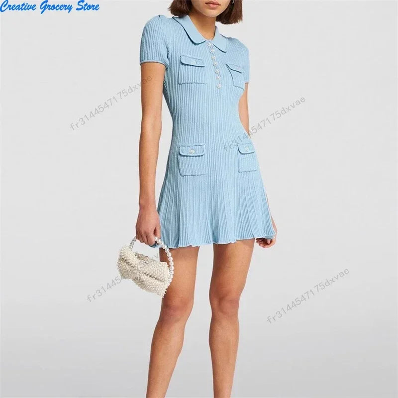 2025 Spring/Summer New Polo Neck Short Sleeve Knitted Dress Y2K Fashion Commuter Elastic Slim Fit Multi Pocket Wrapped Hip Skirt