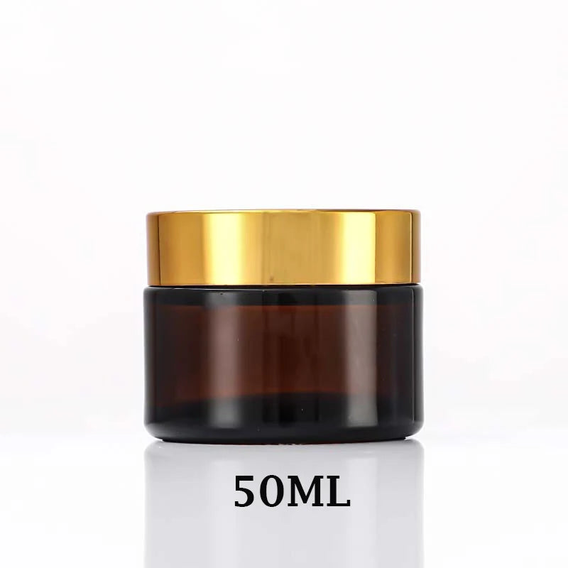 Amber Glass Jar Metal Golden Lid Light-Protection Skincare Face Cream Mask Lotion Gel Powder Bottle Pots Candle Refill Container