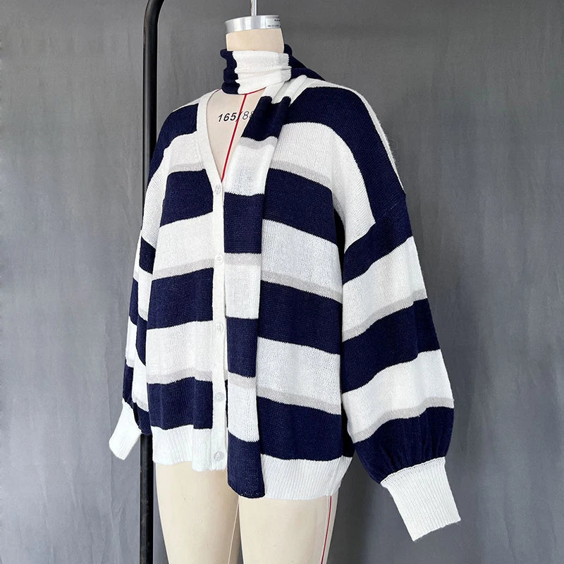 TARUXY Fashion Striped Sweater Cardigan With Scarf Female Loose Thin Hollow Knitted Top Lantern Sleeve Contrast Color Retro Top