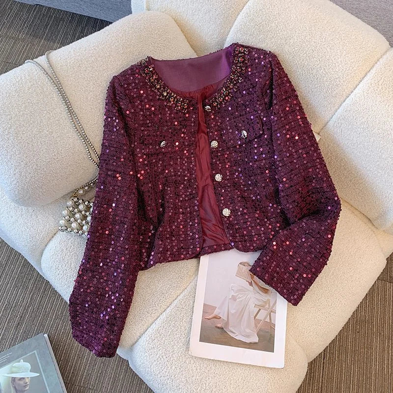 Luxury Beading Tweed Jacket Fall Winter New Vintage Sequins Women Woolen Coat Elegant Office Lady Single Breasted Outerwear 611P