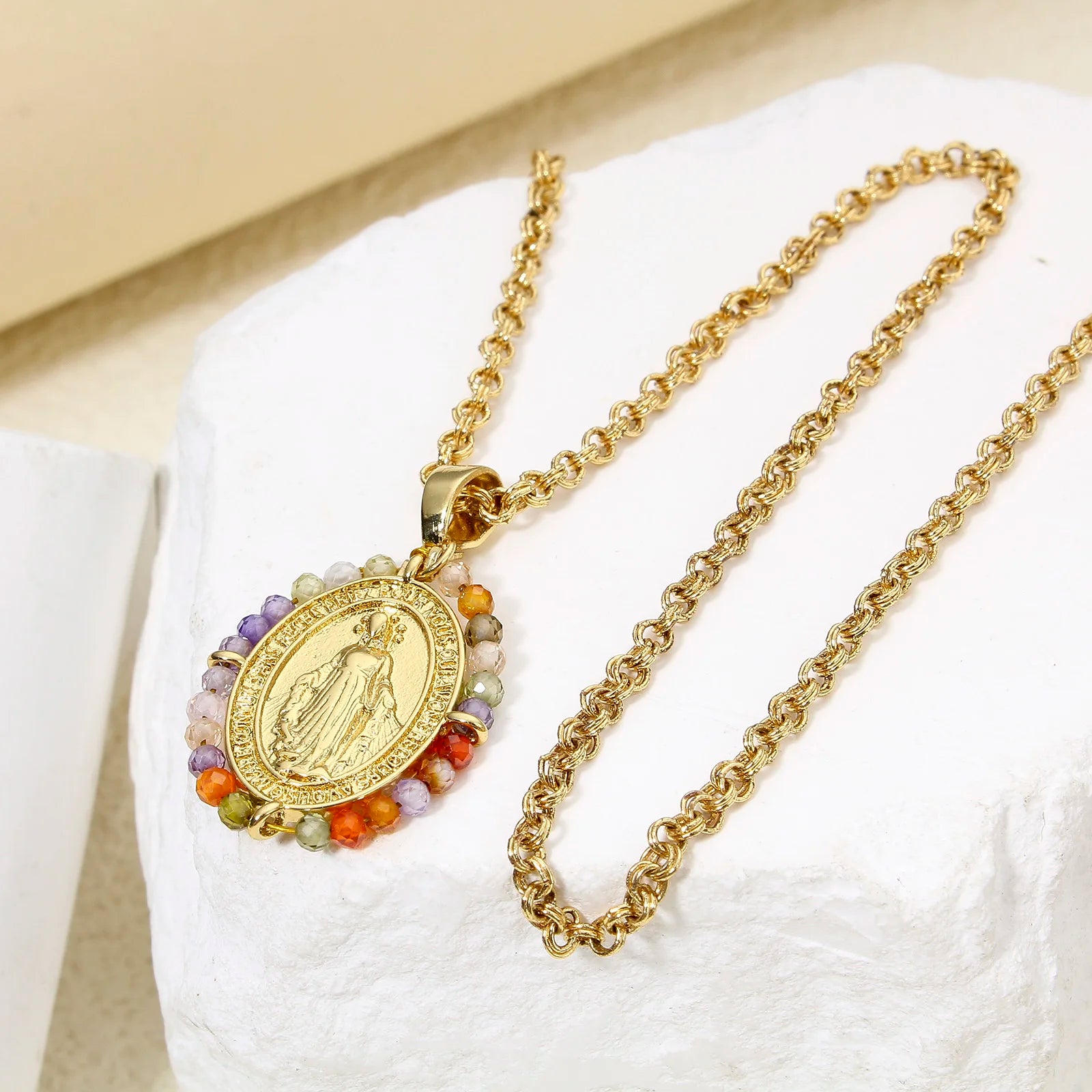 1pc Religious Gold Color Brass Charm Multicolor Glass Beads Virgin Mary Cross Pendant DIY Necklace Jewelry Gift 28.5mm x 17.5mm