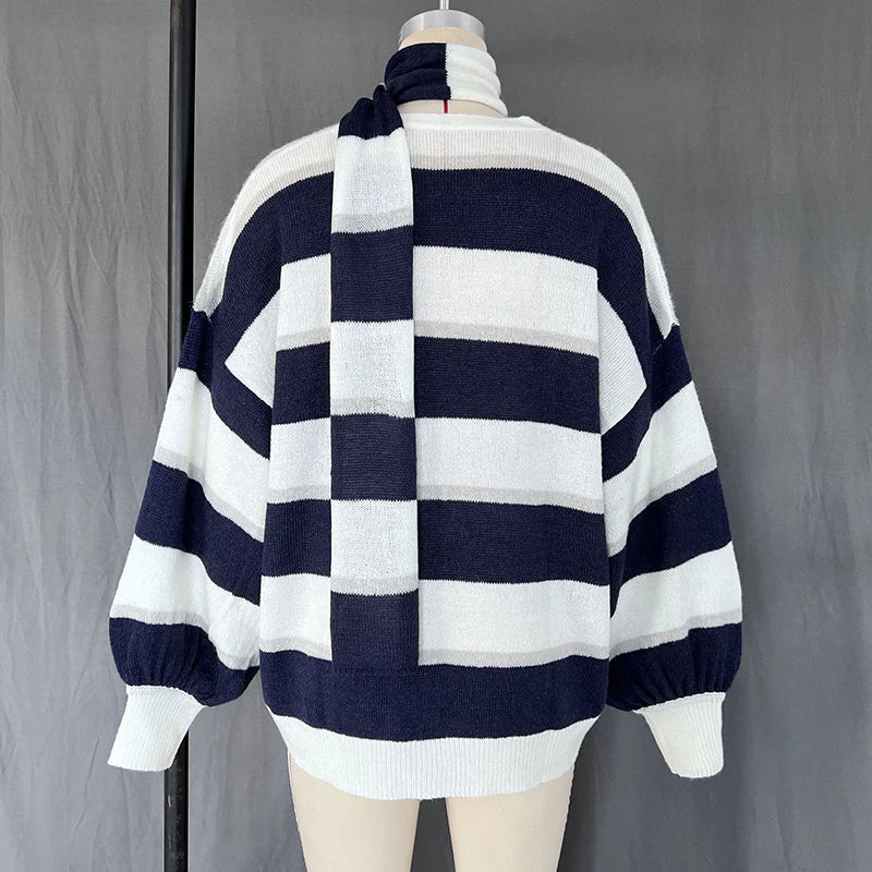 TARUXY Fashion Striped Sweater Cardigan With Scarf Female Loose Thin Hollow Knitted Top Lantern Sleeve Contrast Color Retro Top