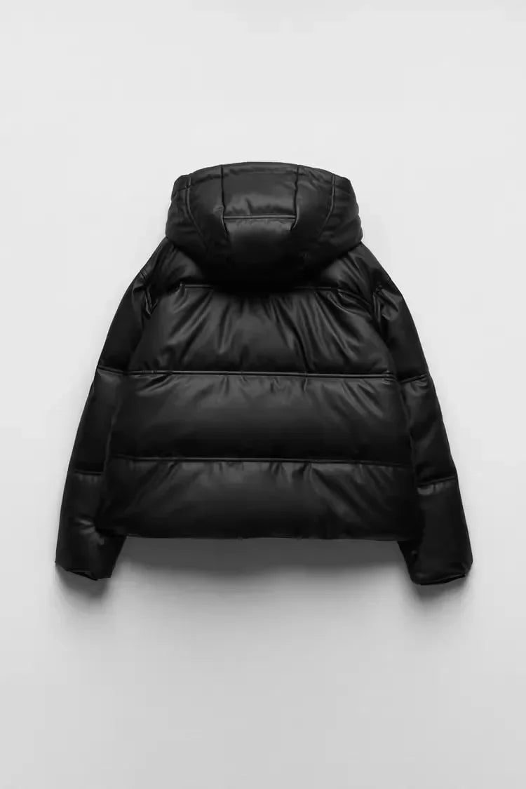 Women's Autumn Winter New Thickened Warm PU Imitation Leather Short Hooded Padded Jacket Top Faux Leather Parka Jacket Coat
