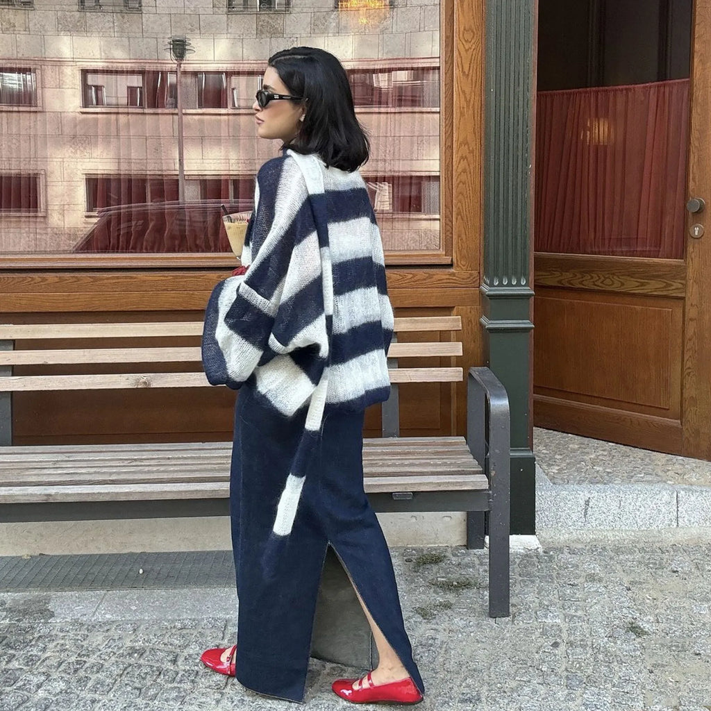 TARUXY Fashion Striped Sweater Cardigan With Scarf Female Loose Thin Hollow Knitted Top Lantern Sleeve Contrast Color Retro Top