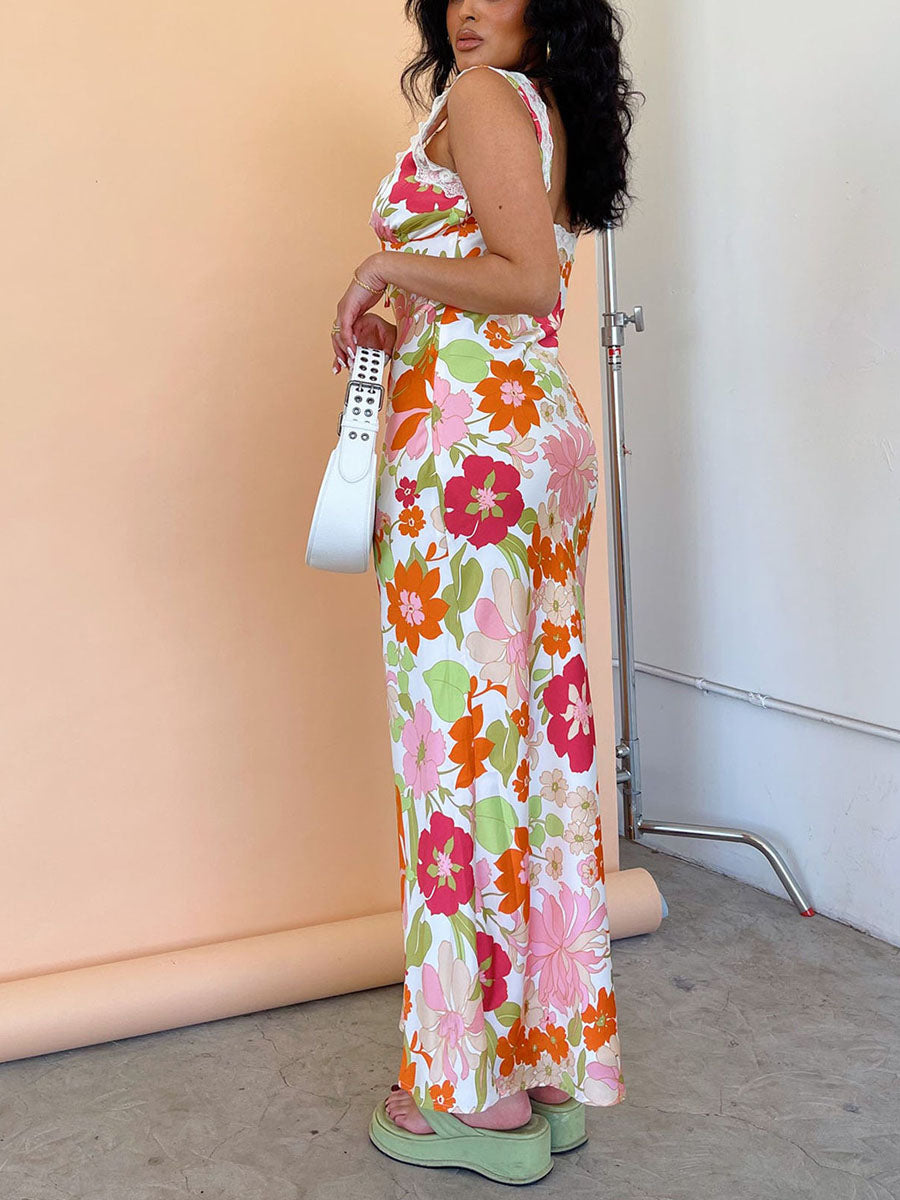 Women Slip Dress Sleeveless V-neck Tie-up Flower Print Long Dress Lace Patchwork Summer Dress for Cocktail Party