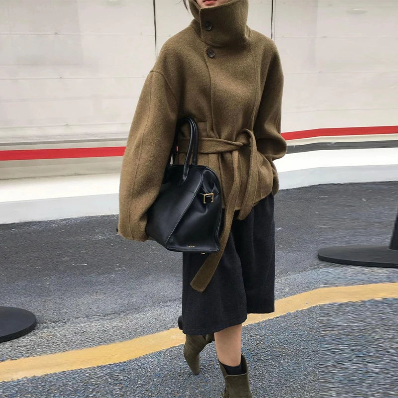 Loose Stand Collar Women's Woolen Coats Long Sleeve Single Breasted Pockets Jacket 2025 Autumn Winter Lady Outerwear Street