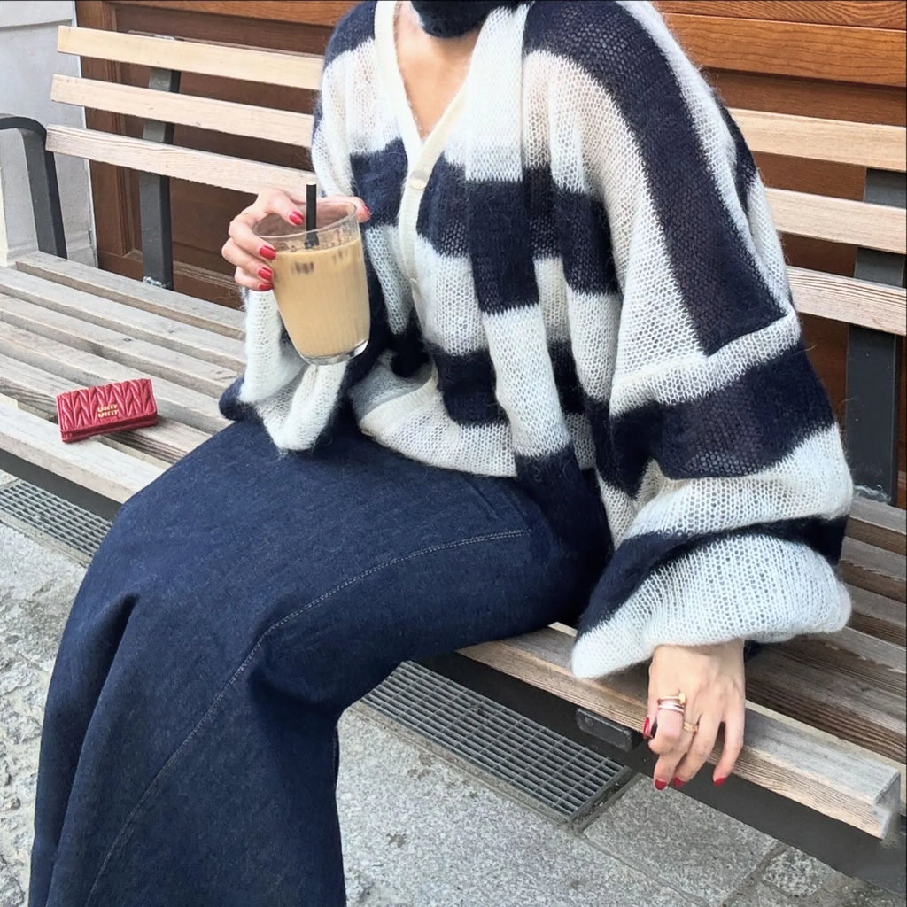 TARUXY Fashion Striped Sweater Cardigan With Scarf Female Loose Thin Hollow Knitted Top Lantern Sleeve Contrast Color Retro Top