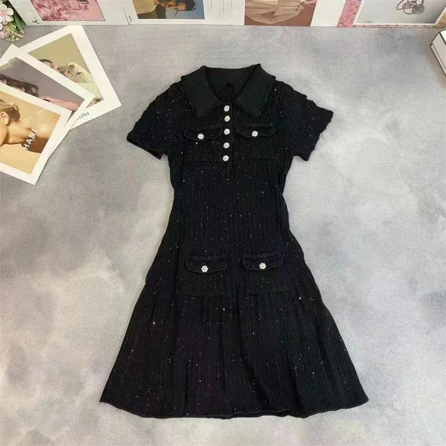 2025 Spring/Summer New Polo Neck Short Sleeve Knitted Dress Y2K Fashion Commuter Elastic Slim Fit Multi Pocket Wrapped Hip Skirt