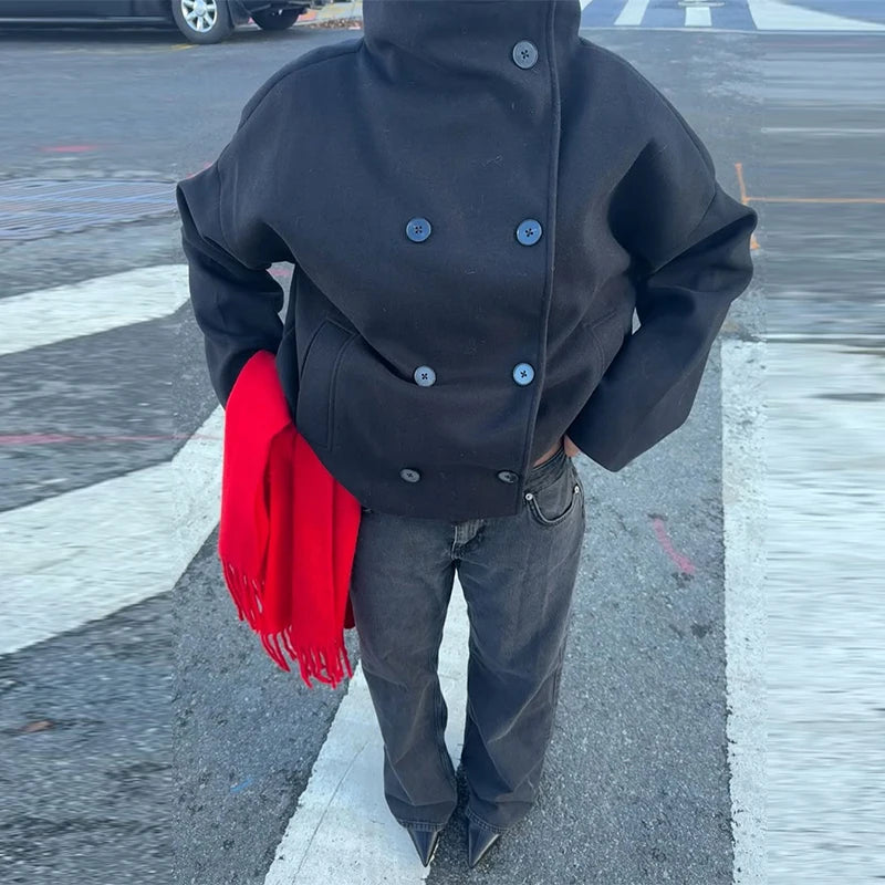 Loose Stand Collar Women's Woolen Coats Long Sleeve Single Breasted Pockets Jacket 2025 Autumn Winter Lady Outerwear Street