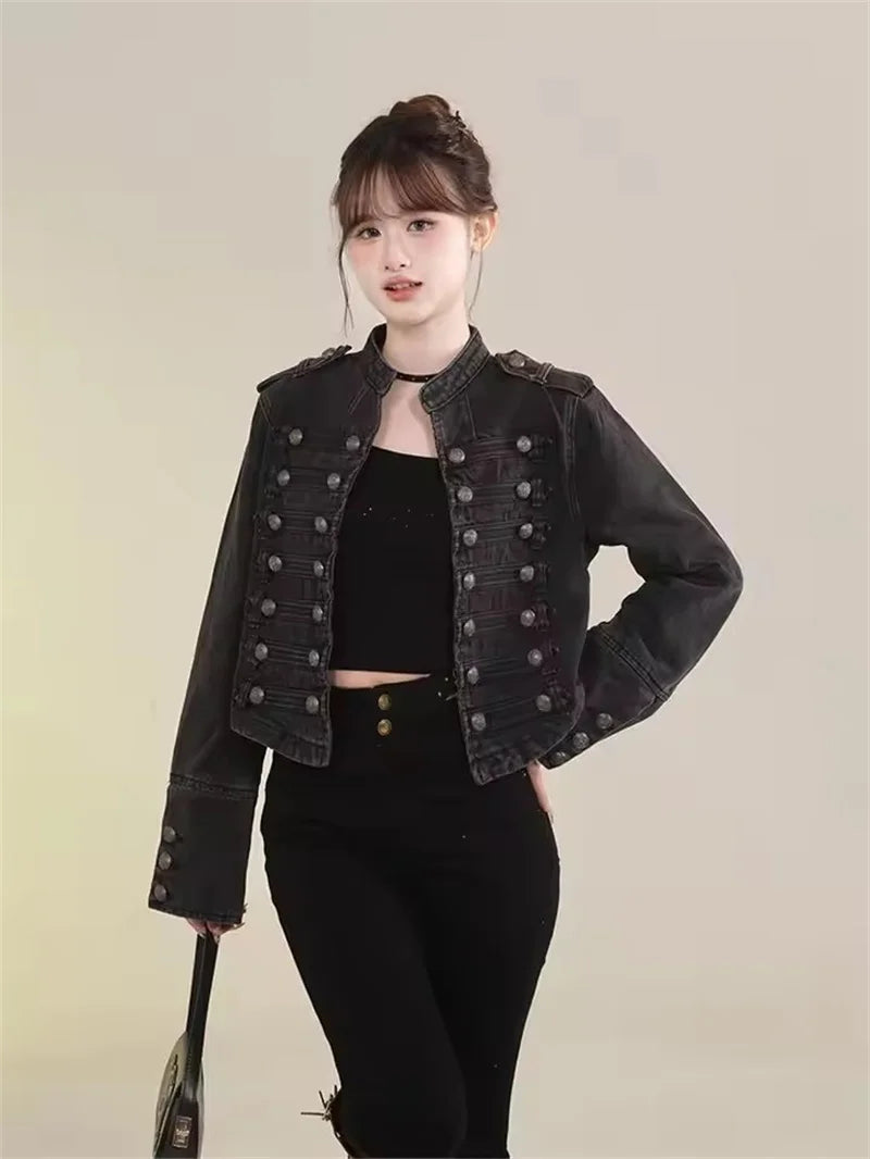 Women's American Retro Denim Military Inspired Cropped Denim Jacket Long Sleeve Stand Collar Jeans Coat Casual Motorcycle Coat