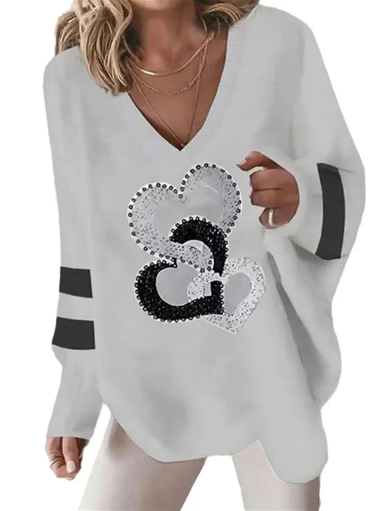 Women's white Blouse  Tops Spring fall Fashion Love Print Long Sleeve Loose V Neck Pullover Irregular Hem Casual T Shirt women