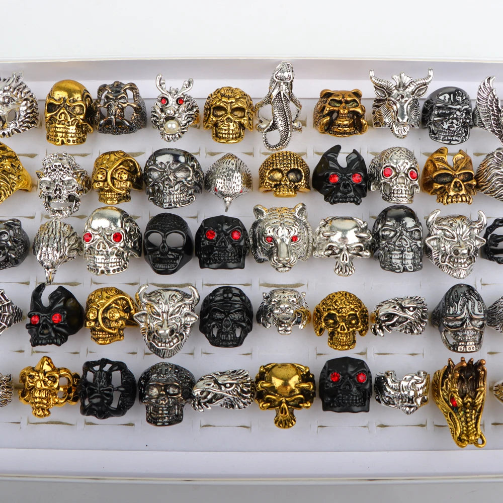 20Pcs/Lot Vintage Punk Gothic Skull Ring for Women Men Retro Owl Skeleton Hip Animal Hop Party Gift Finger Jewelry Mix Style