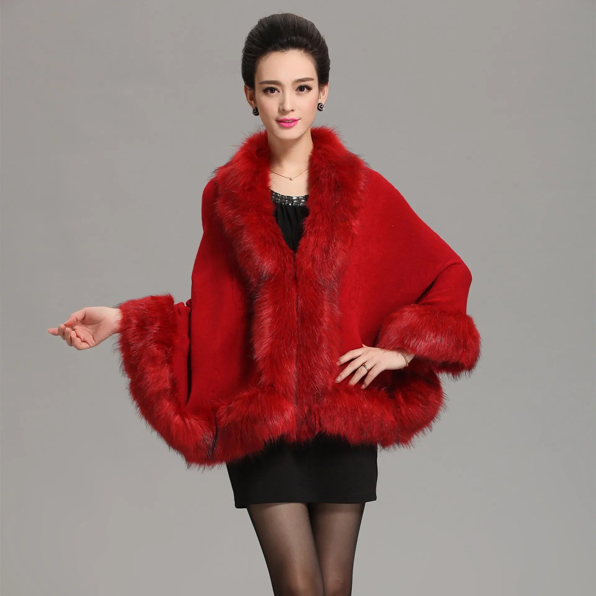 13 Colors Faux Fox Fur Collar Wool Cashmere Poncho Capes New Winter Women Black White Knitted Cardigan Loose Emboss Shawl Coat