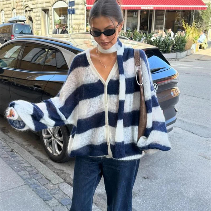 TARUXY Fashion Striped Sweater Cardigan With Scarf Female Loose Thin Hollow Knitted Top Lantern Sleeve Contrast Color Retro Top