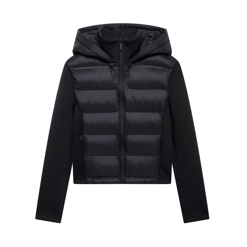 Hooded Patchwork Padded Jacket Coat with Pockets for Women, Long Sleeve, Front Zipper, Female Outerwear, Chic Tops, Fashion