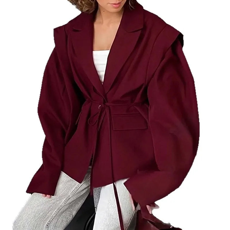 Women's Blazer with High-End Style  Elegant Commuter Look with Waist-Tie Belt Padded Shoulders