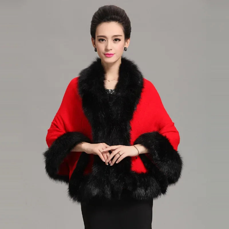 13 Colors Faux Fox Fur Collar Wool Cashmere Poncho Capes New Winter Women Black White Knitted Cardigan Loose Emboss Shawl Coat