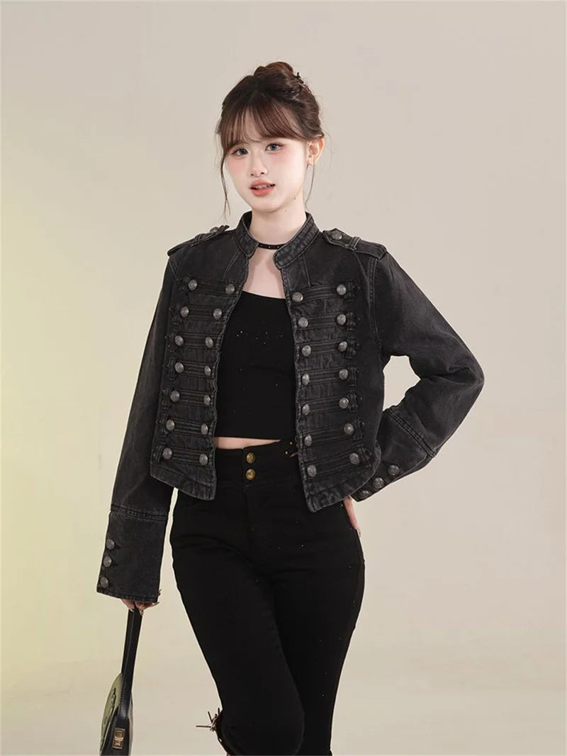 Women's American Retro Denim Military Inspired Cropped Denim Jacket Long Sleeve Stand Collar Jeans Coat Casual Motorcycle Coat