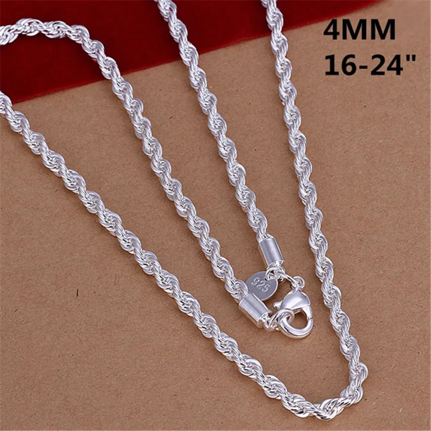 16-24inch for Women Men Beautiful Fashion Silver Color Charm 4MM Rope Chain Necklace Fit Pendant High Quality Jewelry