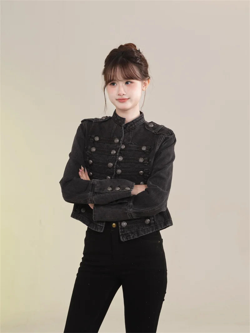 Women's American Retro Denim Military Inspired Cropped Denim Jacket Long Sleeve Stand Collar Jeans Coat Casual Motorcycle Coat