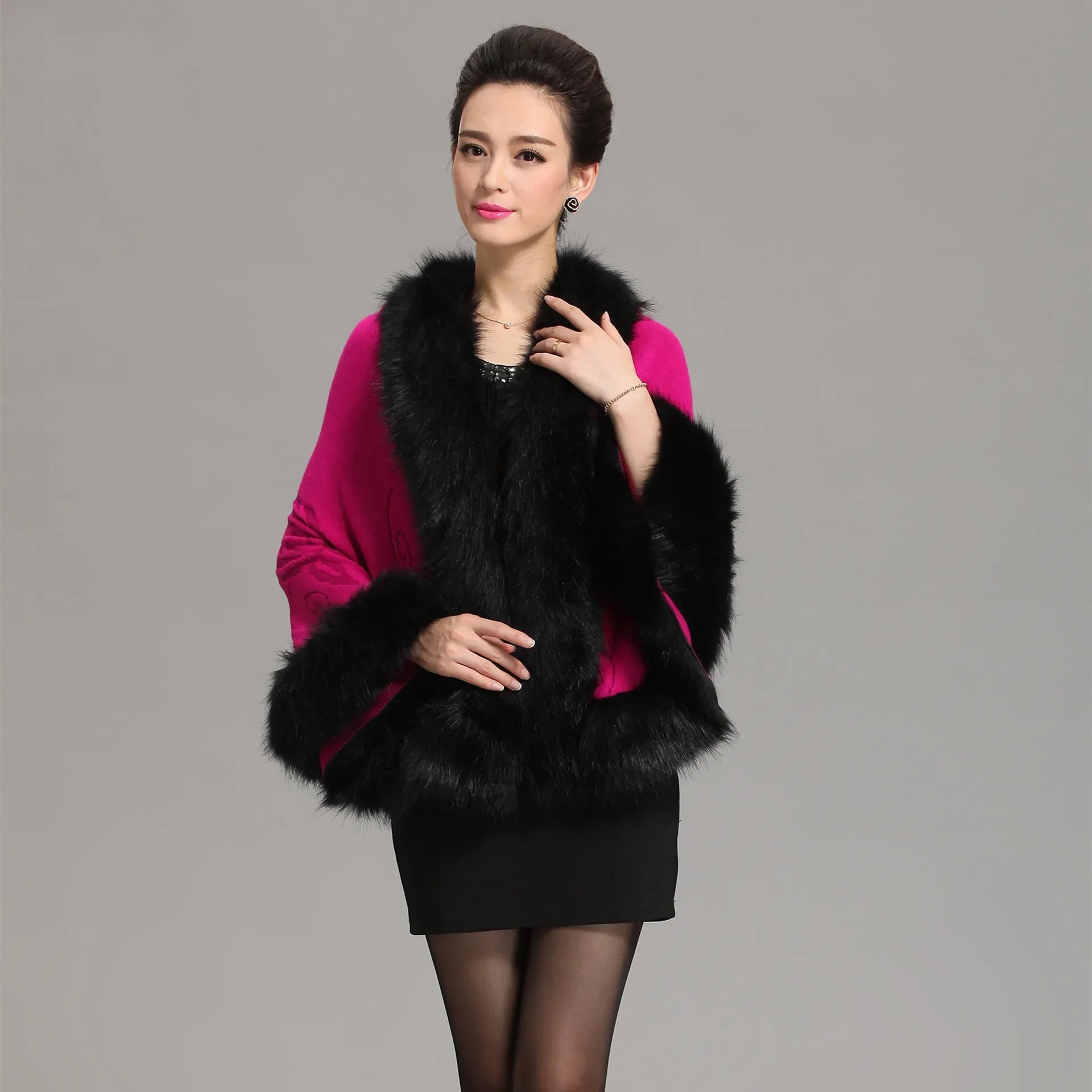 13 Colors Faux Fox Fur Collar Wool Cashmere Poncho Capes New Winter Women Black White Knitted Cardigan Loose Emboss Shawl Coat