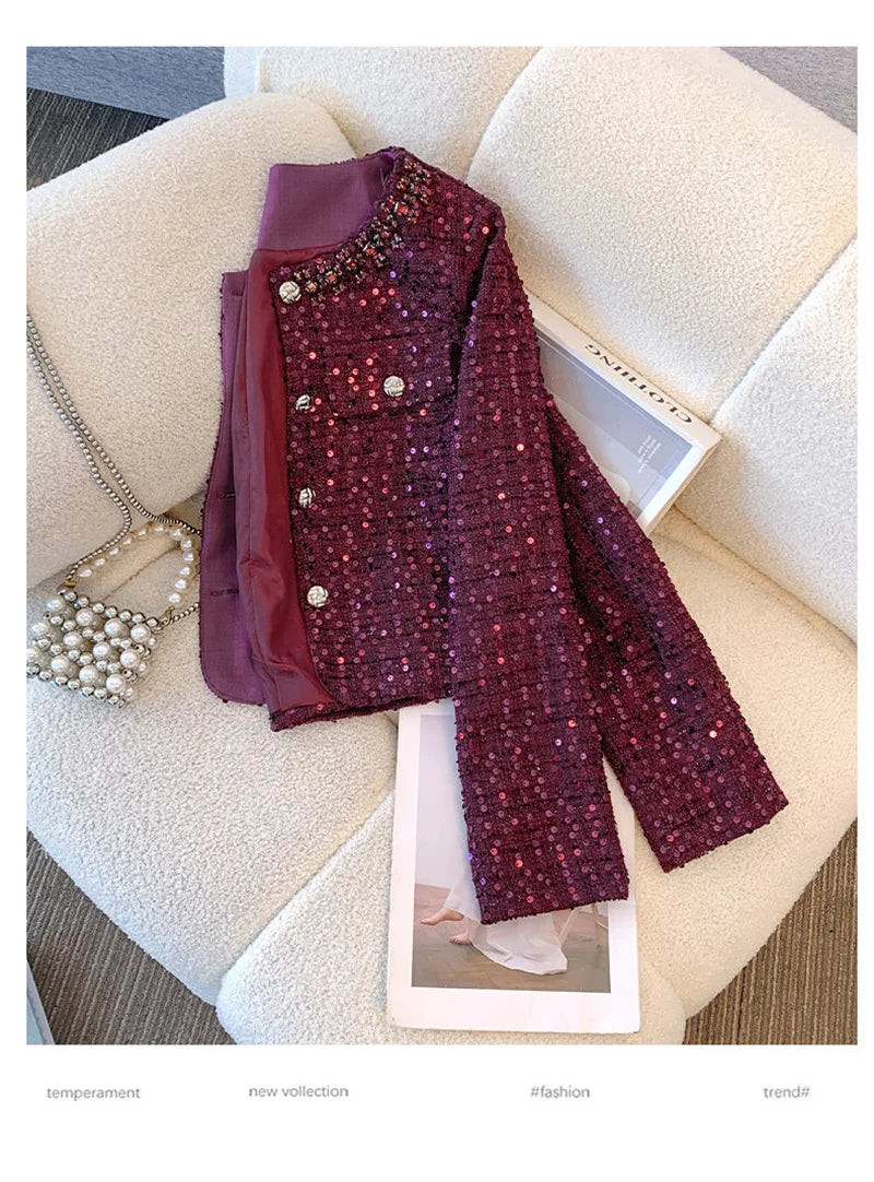 Luxury Beading Tweed Jacket Fall Winter New Vintage Sequins Women Woolen Coat Elegant Office Lady Single Breasted Outerwear 611P