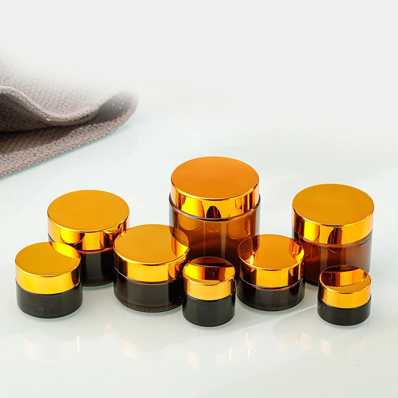 Amber Glass Jar Metal Golden Lid Light-Protection Skincare Face Cream Mask Lotion Gel Powder Bottle Pots Candle Refill Container