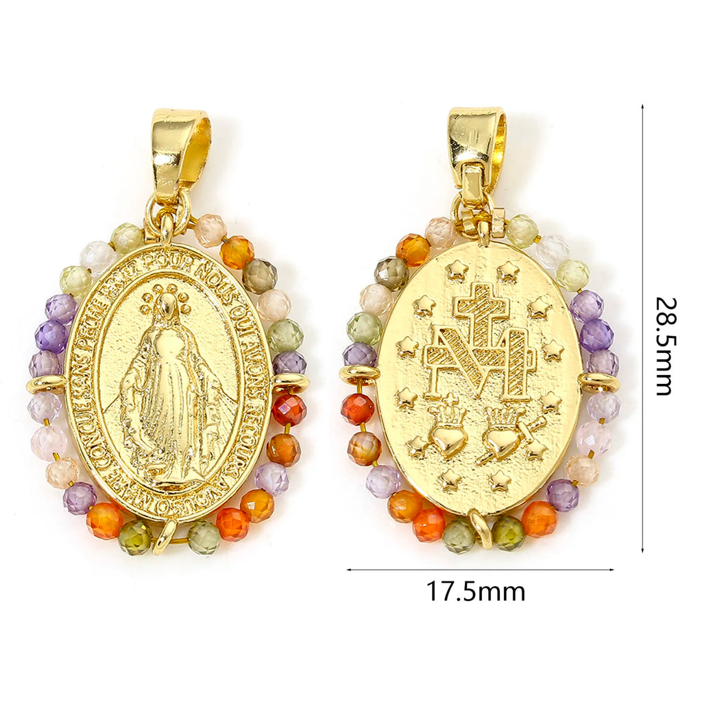 1pc Religious Gold Color Brass Charm Multicolor Glass Beads Virgin Mary Cross Pendant DIY Necklace Jewelry Gift 28.5mm x 17.5mm