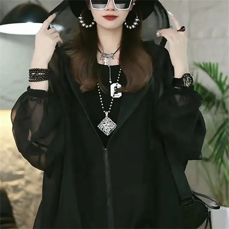 Hooded Drawstring Design Summer Sun-Protective Women New Casual Fashion Solid Color Thin Breathable Jacket Loose Sunscreen Coat