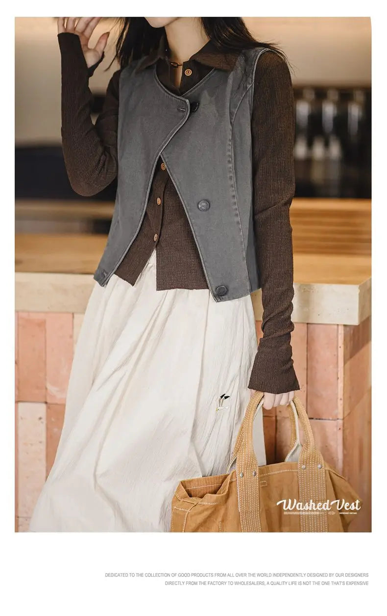 Maden Casual Sleeveless Cardigan Vest Women's Spring and Summer Vintage Single Breasted Layering Waistcoat Versatile Tank Tops