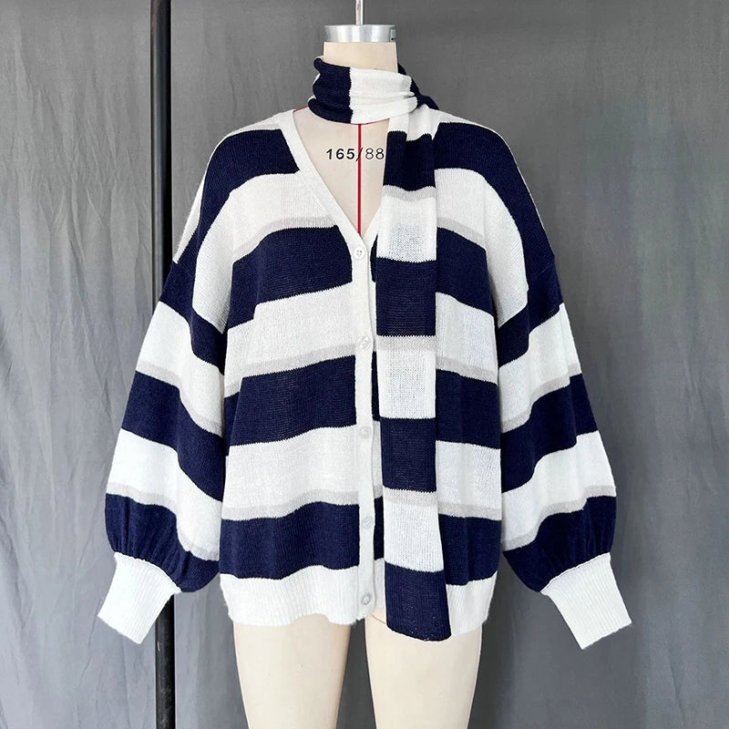 TARUXY Fashion Striped Sweater Cardigan With Scarf Female Loose Thin Hollow Knitted Top Lantern Sleeve Contrast Color Retro Top