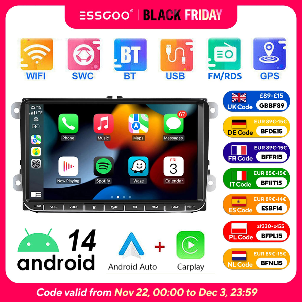9" Android 14 4G+64G Wireless Carplay Car Stereo GPS NAVI WIFI RDS FM BT EQ for VW Golf 5 6 Passat Polo Touran Tiguan Caddy EOS