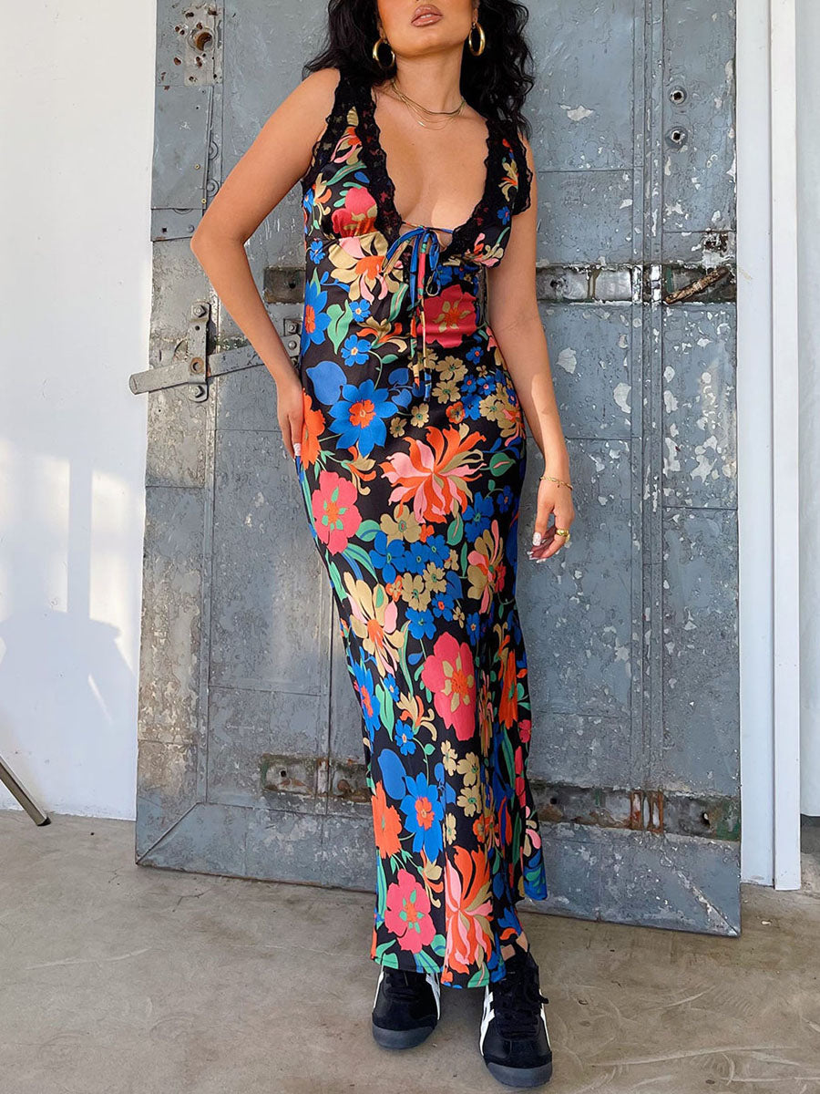 Women Slip Dress Sleeveless V-neck Tie-up Flower Print Long Dress Lace Patchwork Summer Dress for Cocktail Party