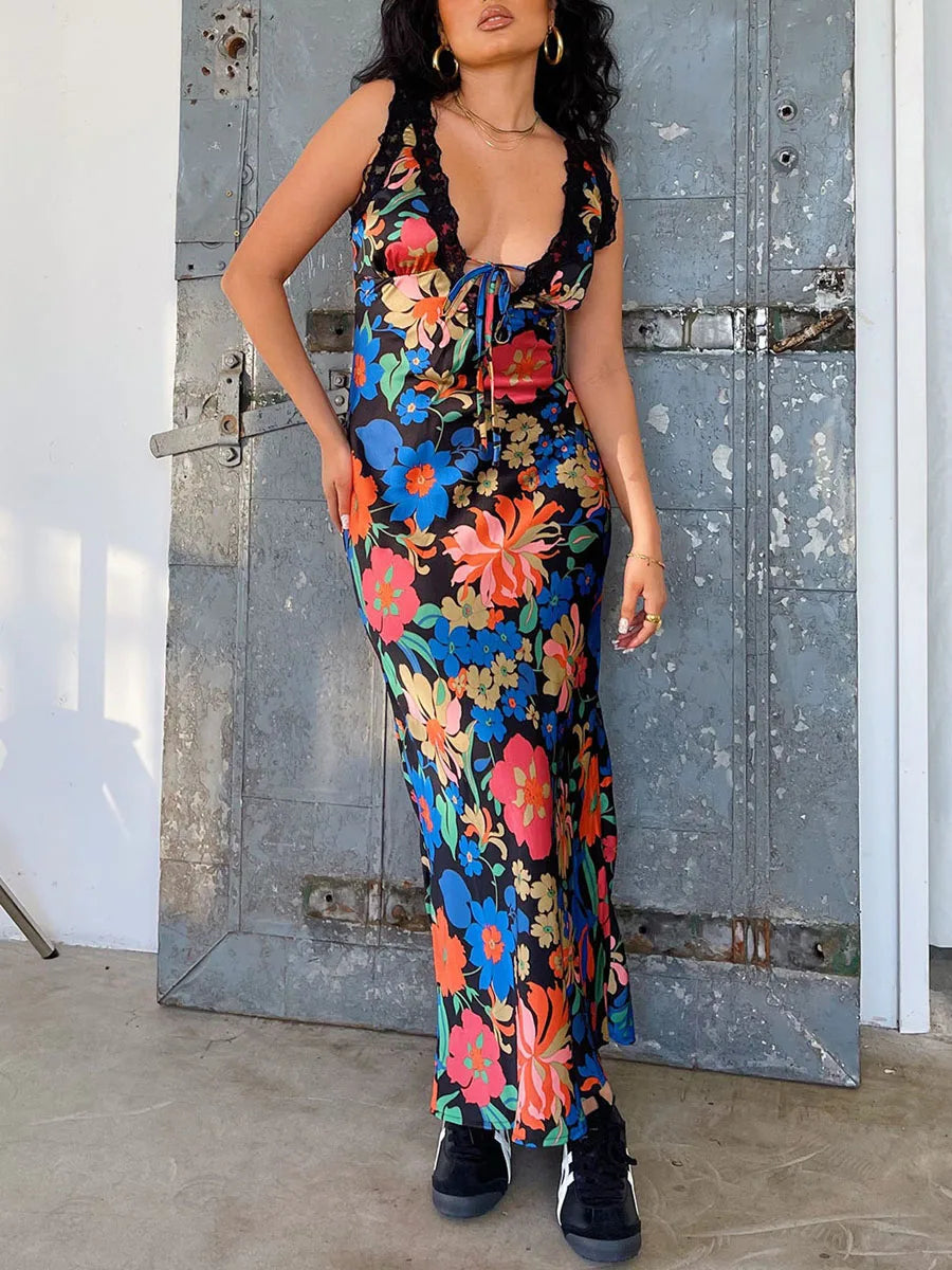 Women Slip Dress Sleeveless V-neck Tie-up Flower Print Long Dress Lace Patchwork Summer Dress for Cocktail Party
