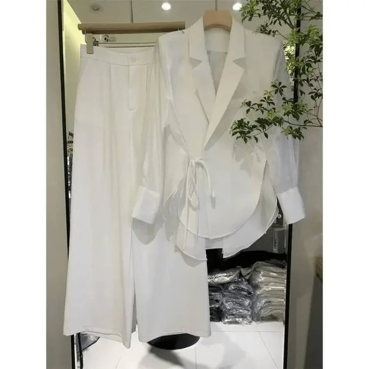 White Lace Up Shirt Splicing Suit Coat Wide Leg Pants Two Piece Sets Women Outfits Spring Summer High-end Fashion Women Set