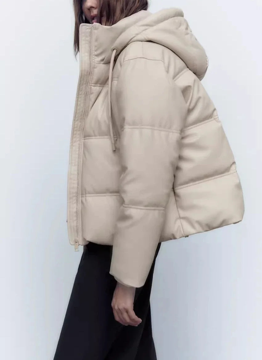 Women's Autumn Winter New Thickened Warm PU Imitation Leather Short Hooded Padded Jacket Top Faux Leather Parka Jacket Coat
