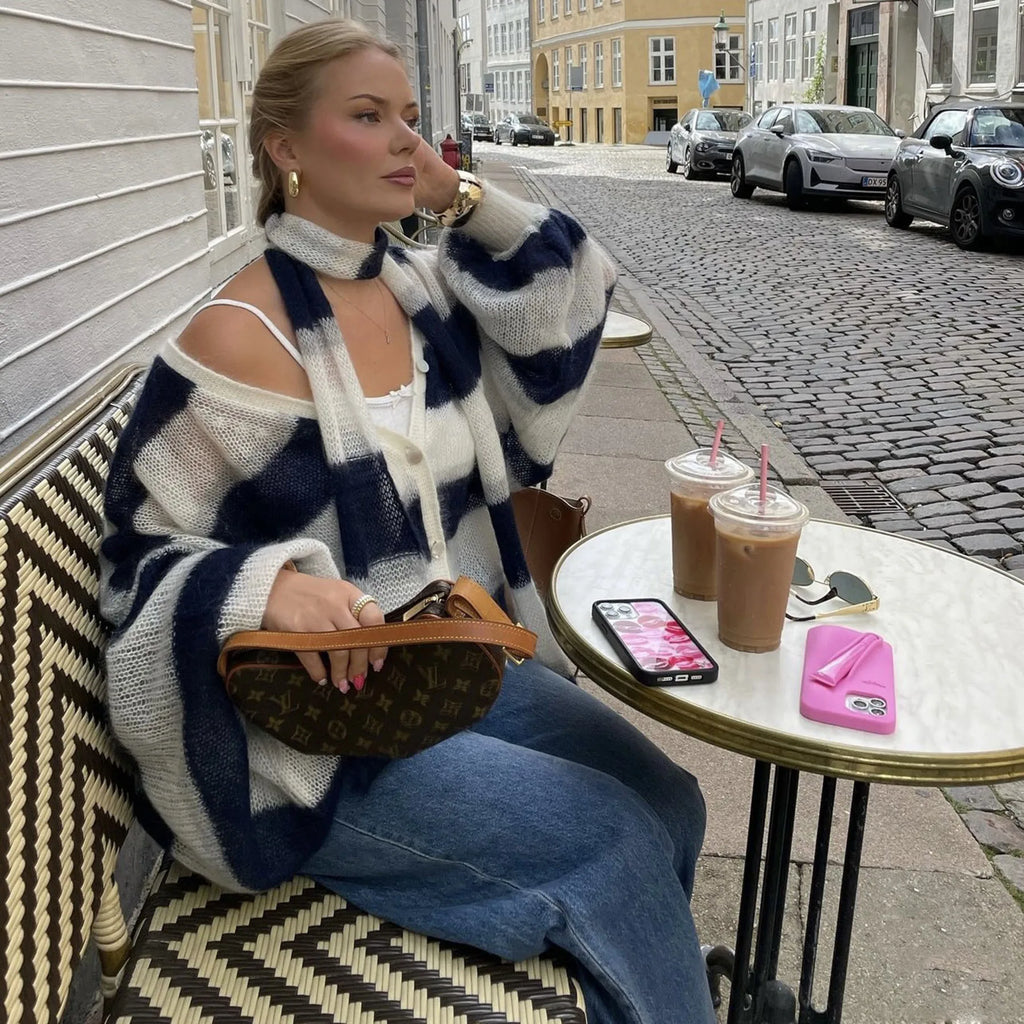 TARUXY Fashion Striped Sweater Cardigan With Scarf Female Loose Thin Hollow Knitted Top Lantern Sleeve Contrast Color Retro Top