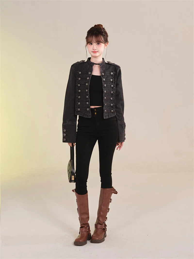 Women's American Retro Denim Military Inspired Cropped Denim Jacket Long Sleeve Stand Collar Jeans Coat Casual Motorcycle Coat