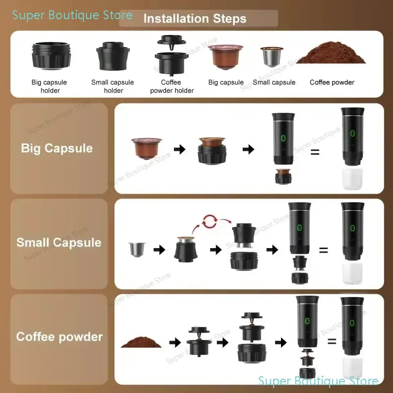 3-in-1 Portable Capsule Coffee Maker, Wireless Heating Electric Espresso Coffee Maker for Car Home, Travel Camping Coffee Maker