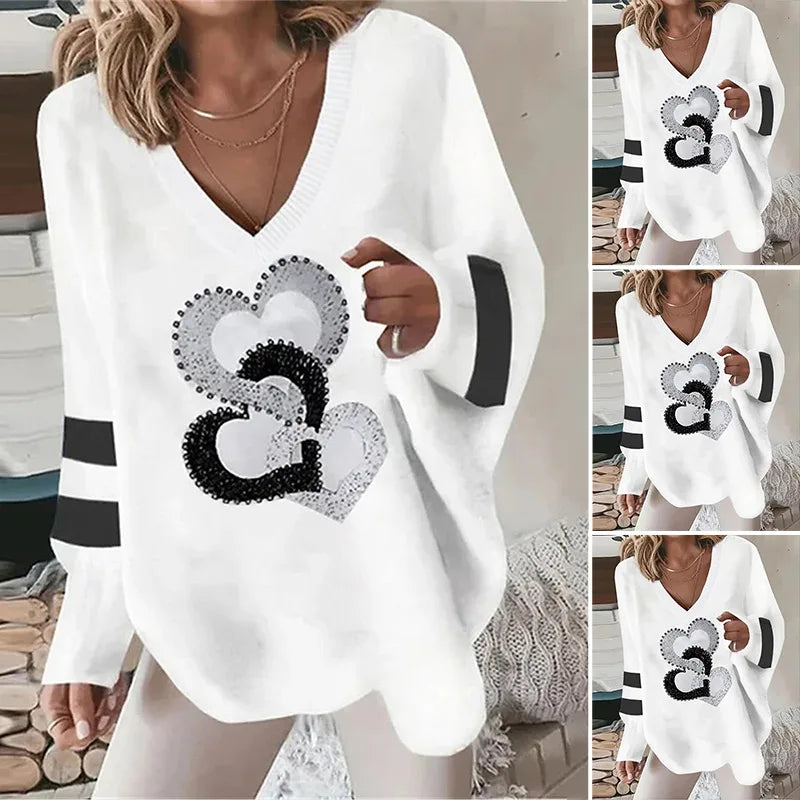 Women's white Blouse  Tops Spring fall Fashion Love Print Long Sleeve Loose V Neck Pullover Irregular Hem Casual T Shirt women
